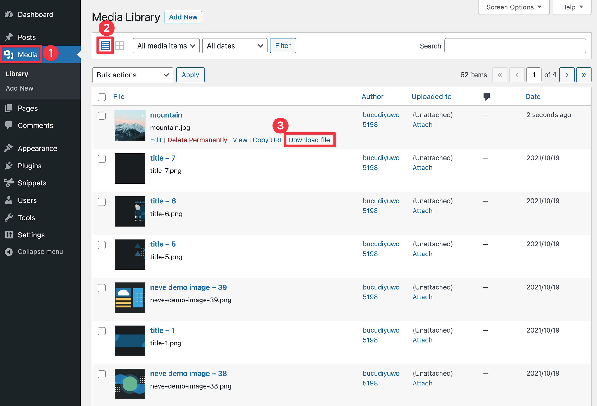 How to download images from WordPress media library
