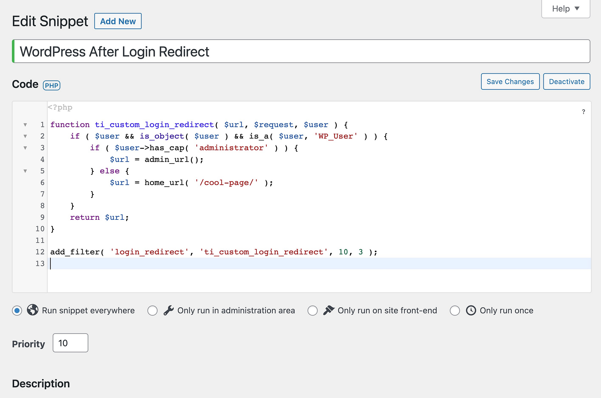 Add the WordPress redirect after login code to the Code Snippets plugin interface