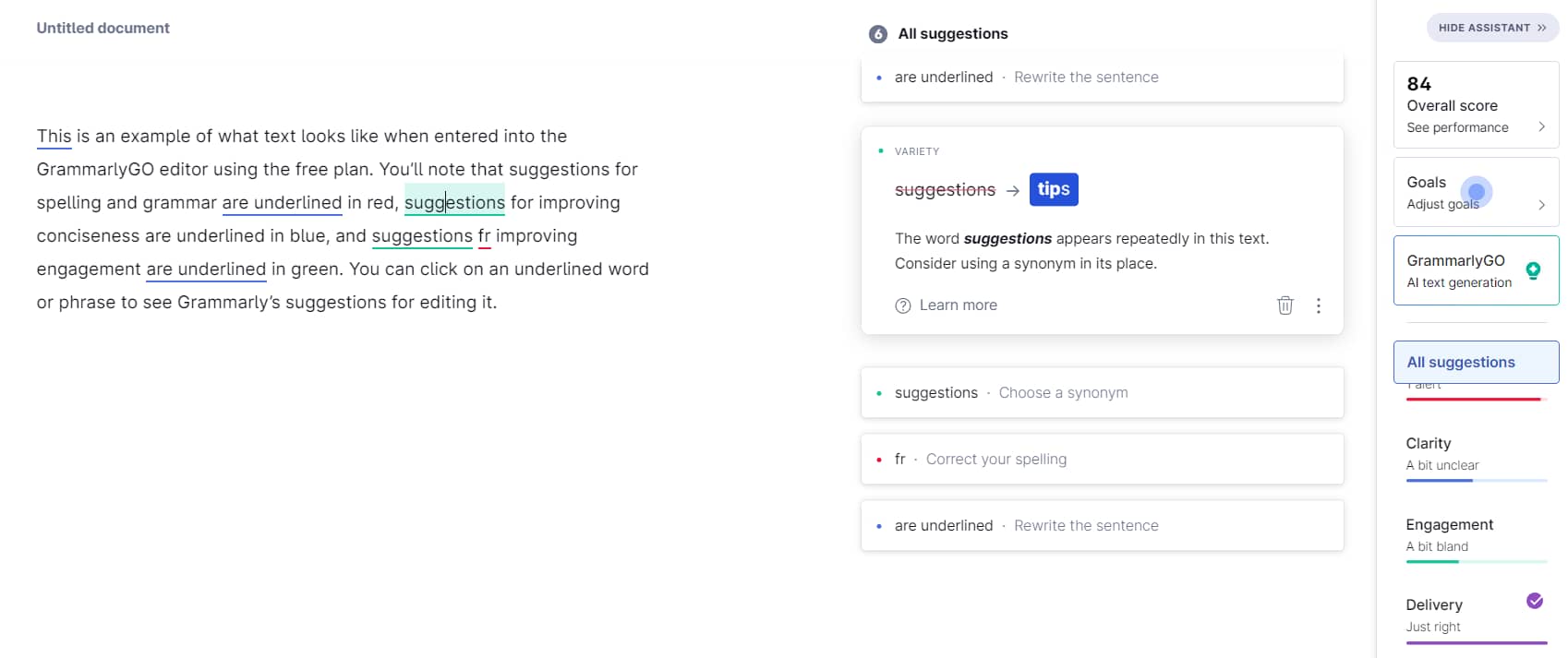 Demonstration of GrammarlyGO premium suggestions for Grammarly free vs premium debate.