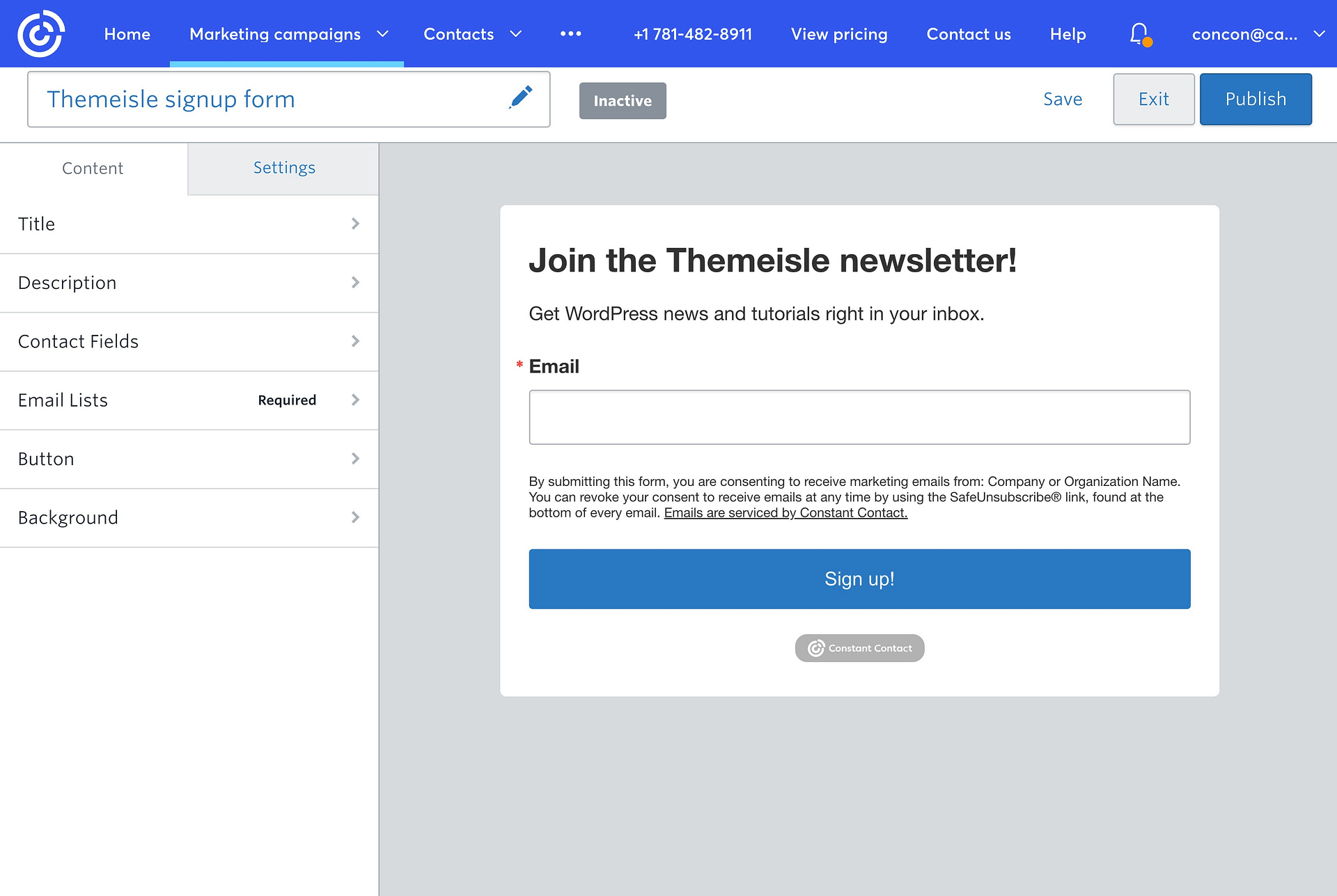 Constant Contact signup form builder.