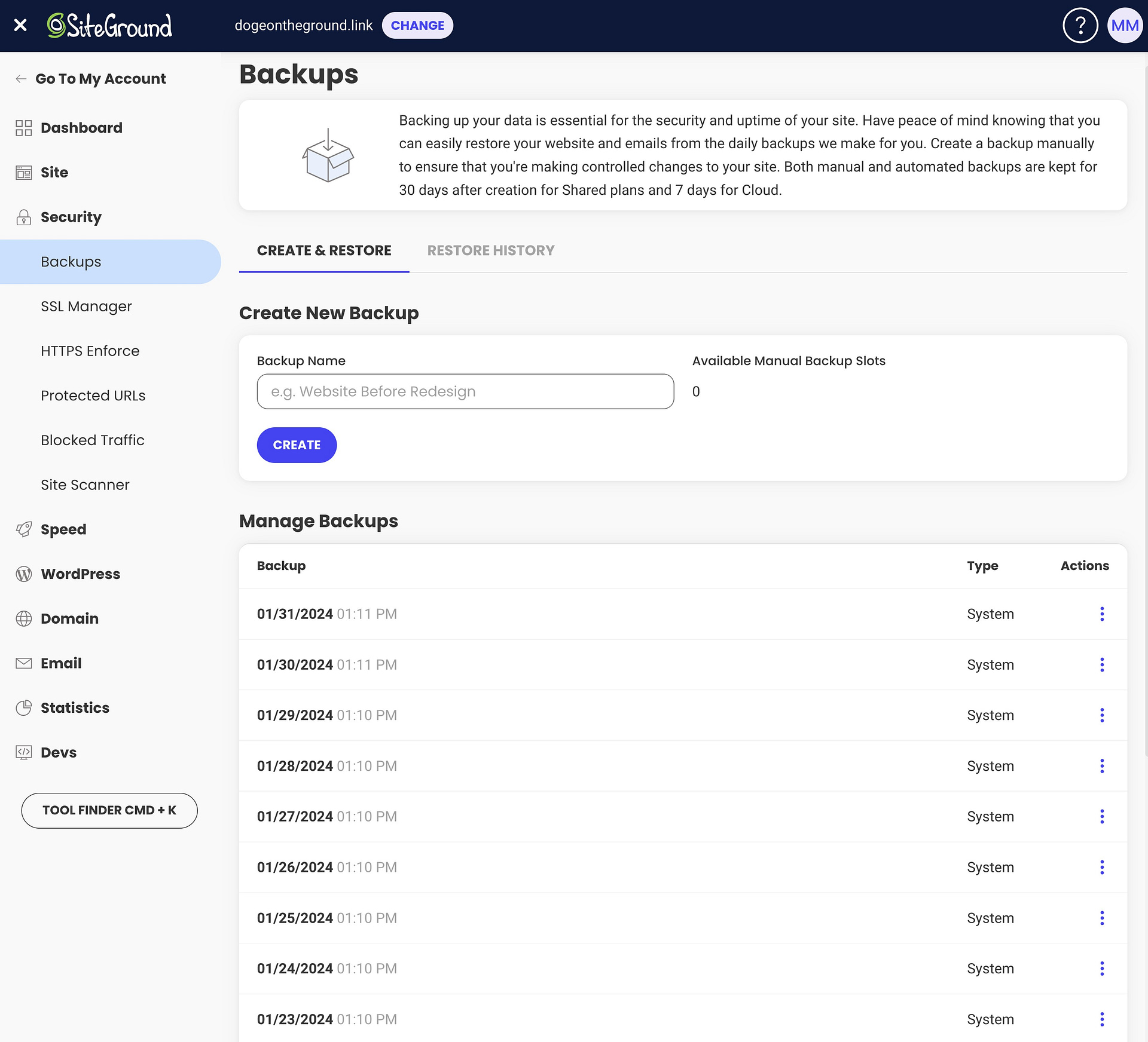 SiteGround backup tool.