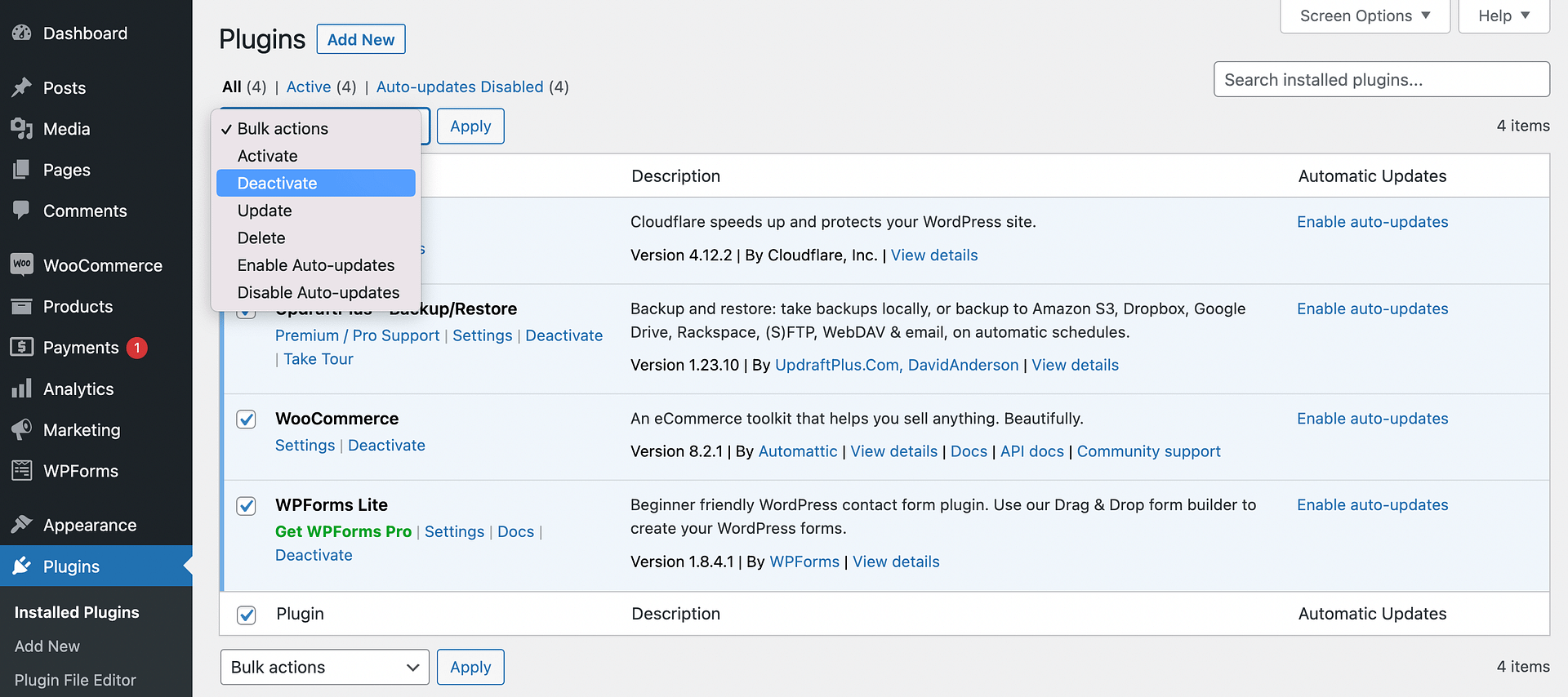 Deactivating all WordPress plugins at once.