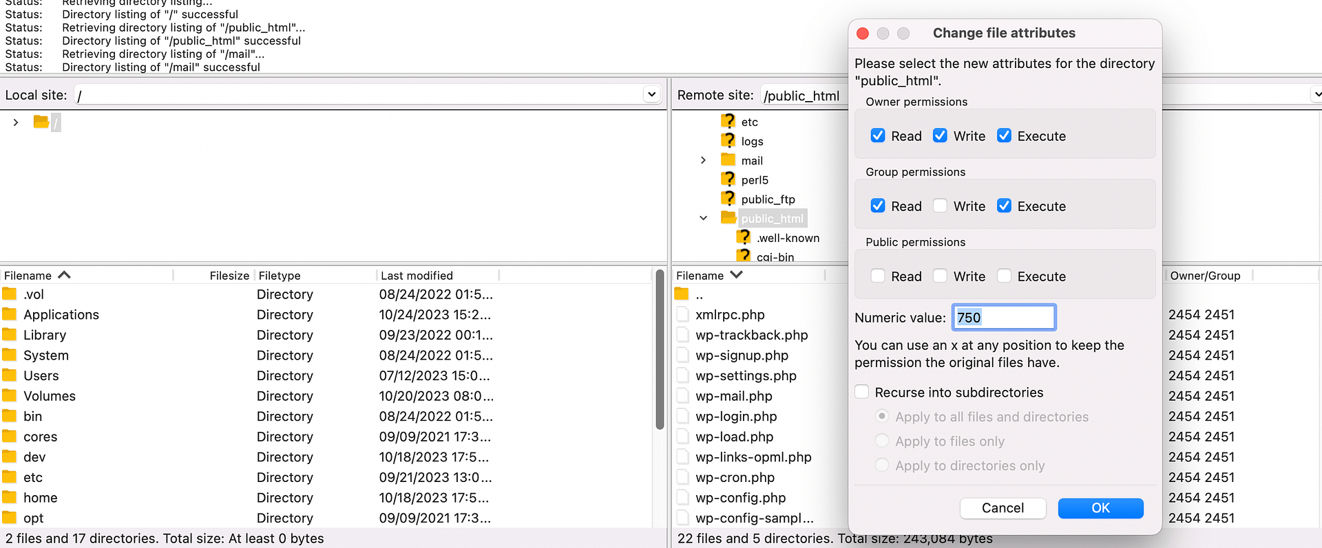 Updating file permissions within FileZilla to resolve the WordPress 403 Forbidden error.