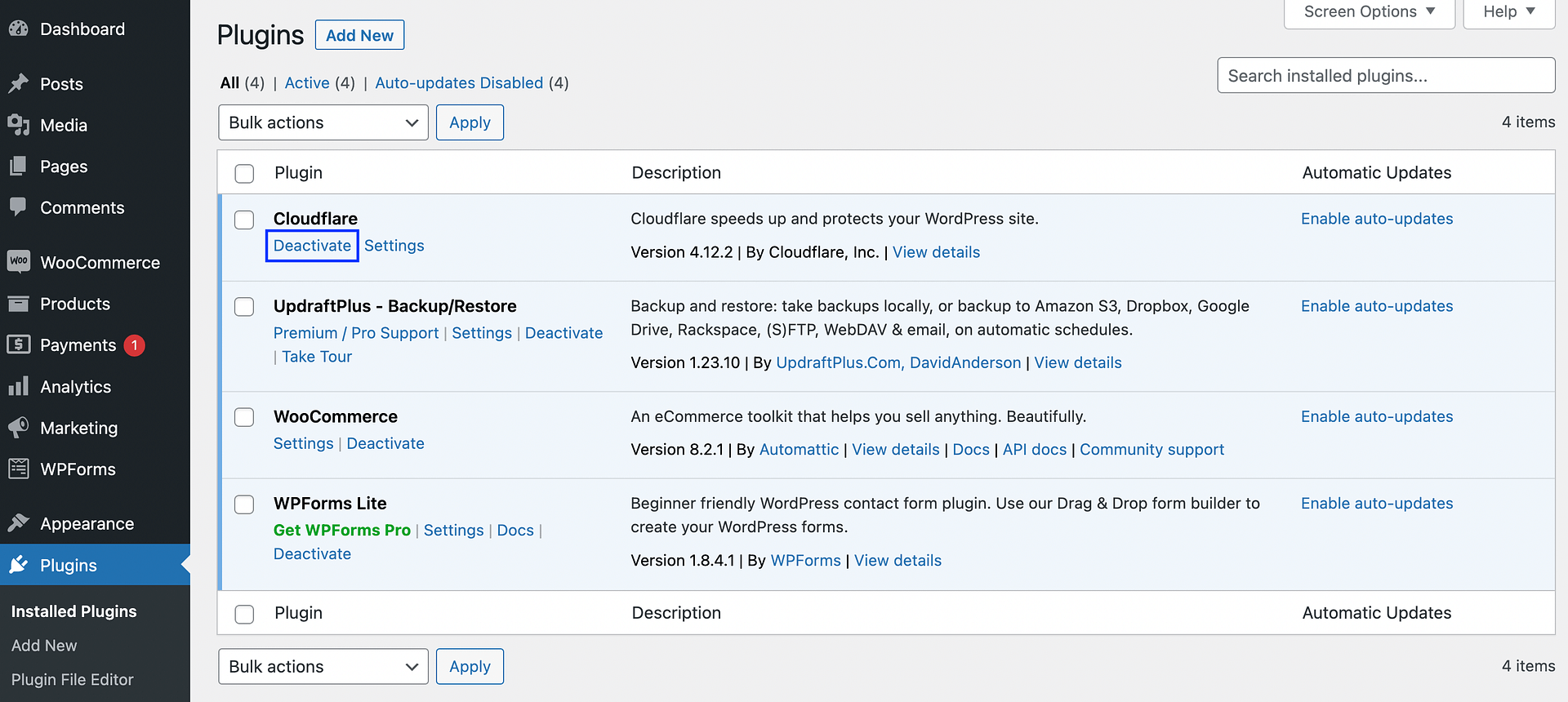 Deactivating a plugin to resolve the WordPress 403 Forbidden error.