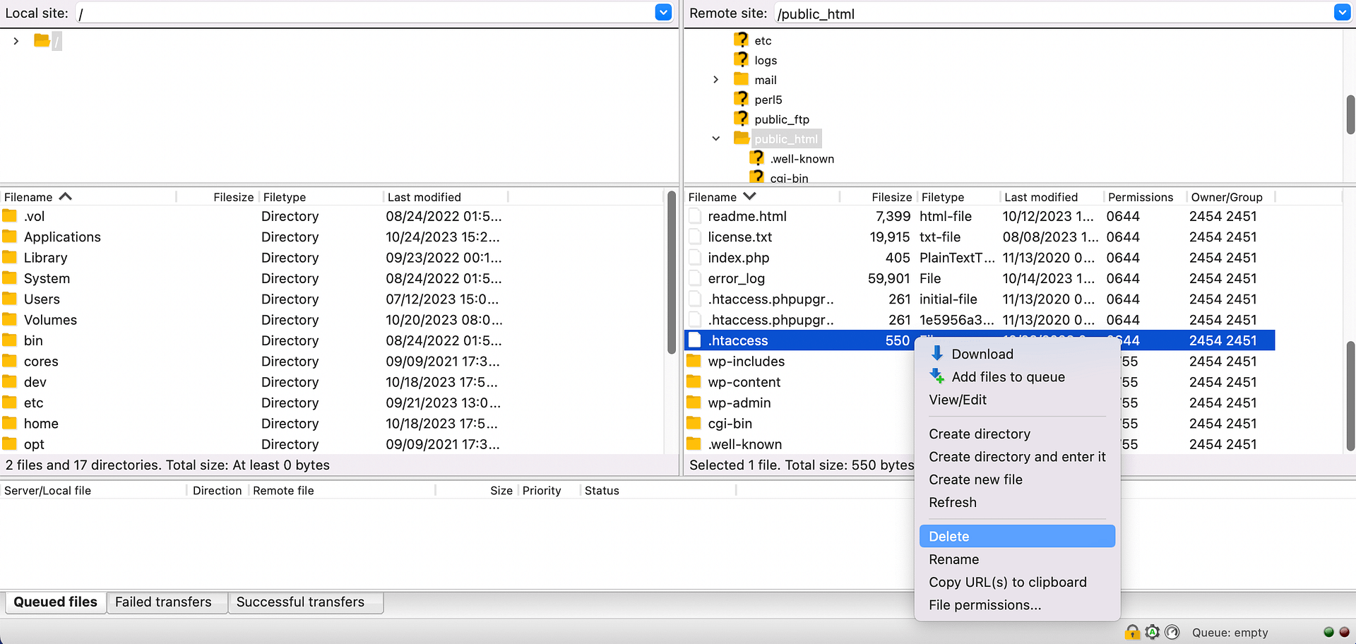 Deleting the .htaccess file to resolve the WordPress 403 Forbidden error.