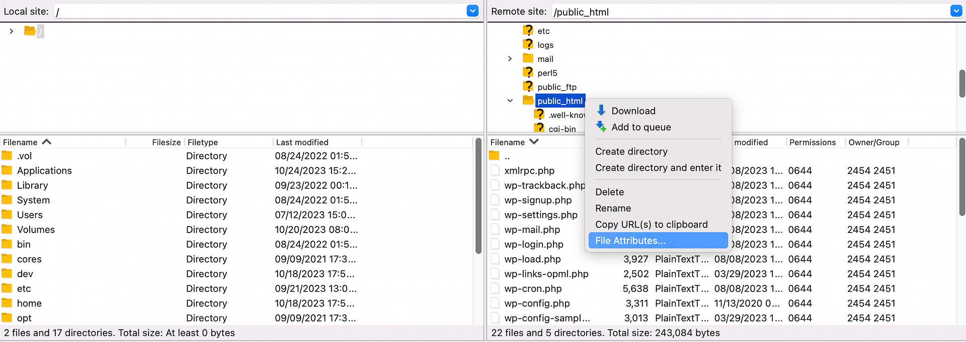 Accessing File Attributes for the WordPress root folder.