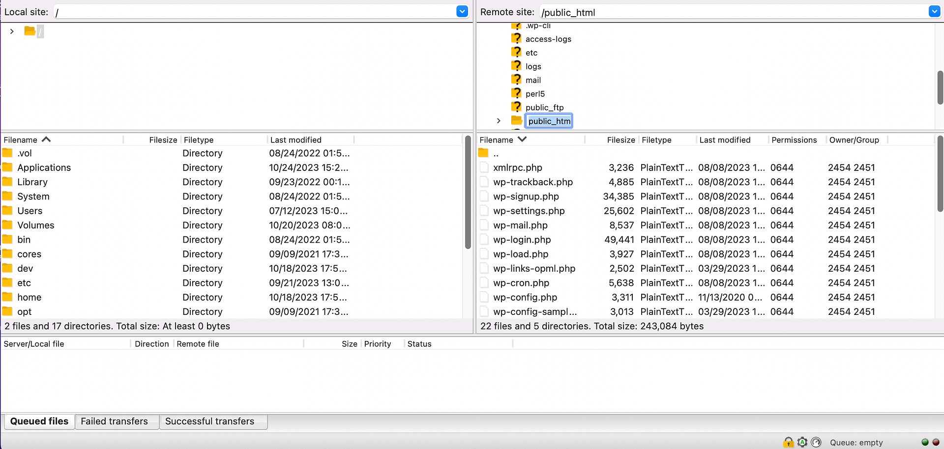 Accessing the WordPress root folder in FileZilla.