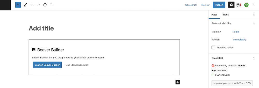 A Block Editor page showing the Beaver Builder launch dialog.