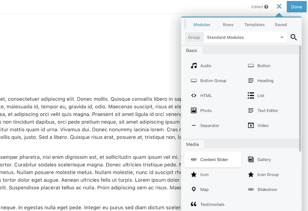 The list of modules within Beaver Builder.