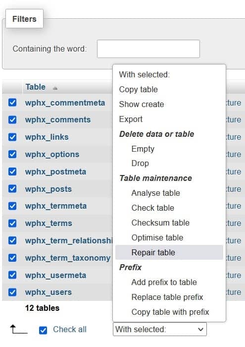 phpMyAdmin repair table