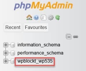 phpMyAdmin showing database name