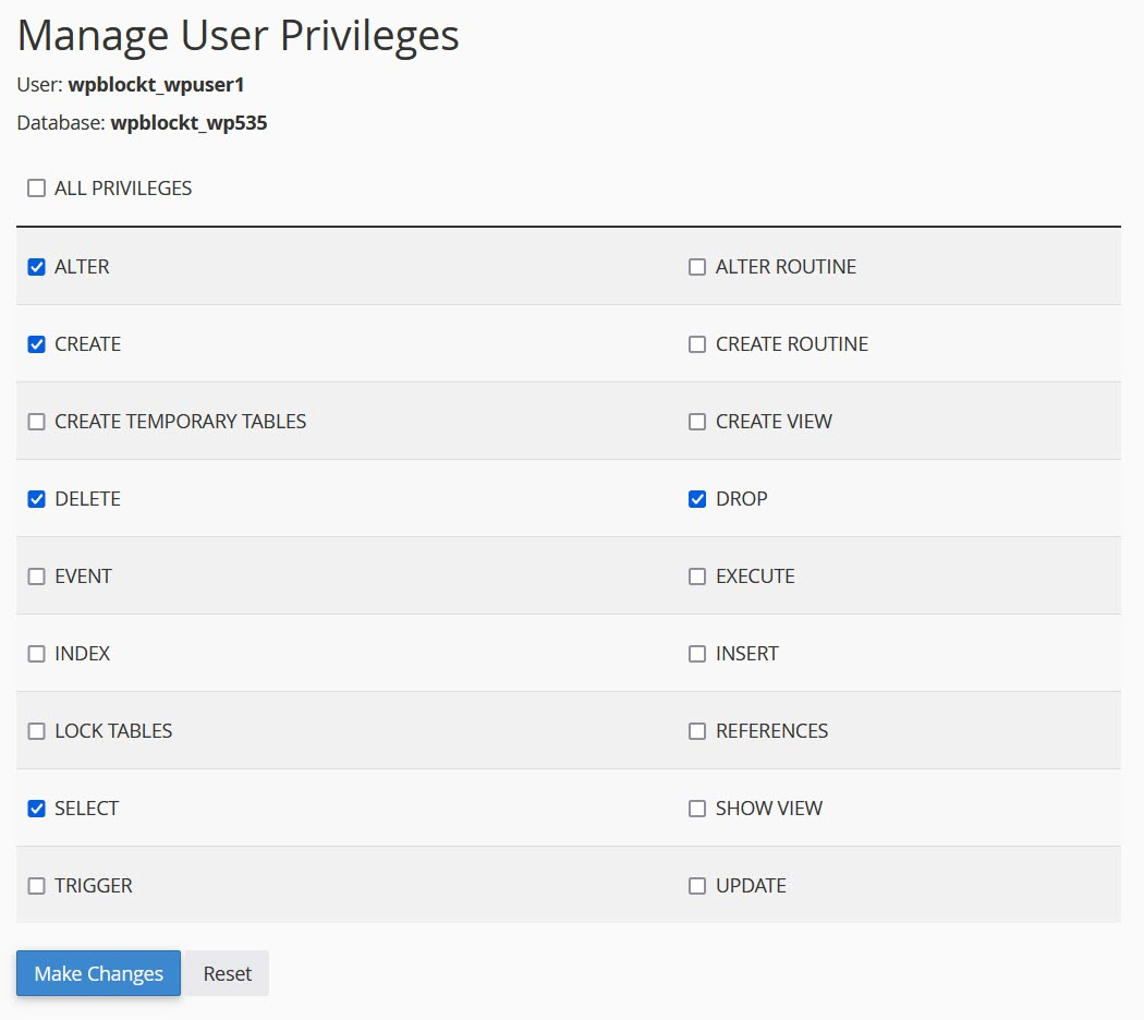 Insufficent privileges for the database user