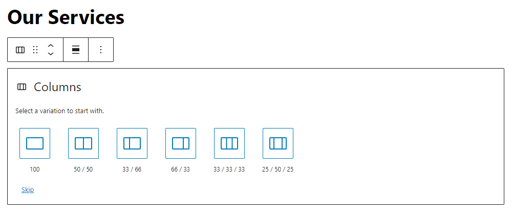 Adding a column block in WordPress.