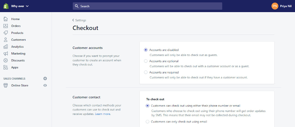 Shopify checkout settings
