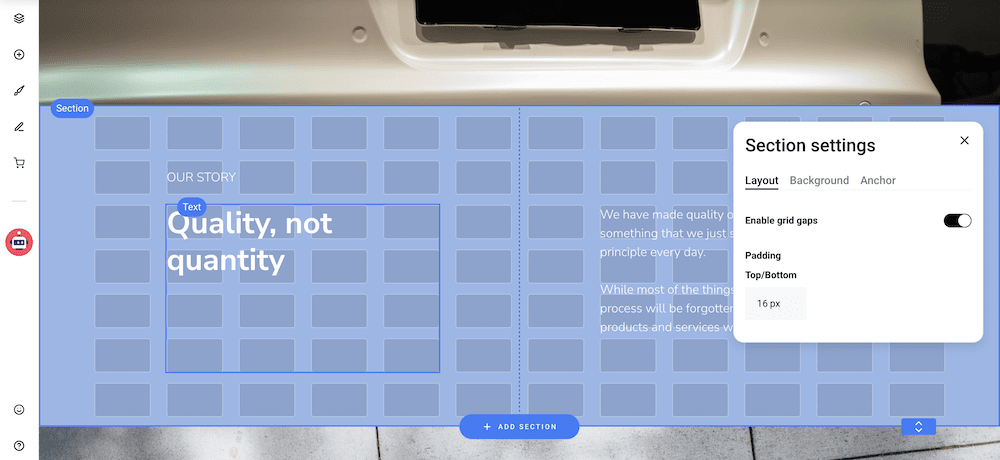 Editing section settings within Zyro's visual builder.