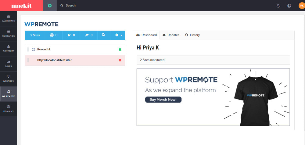 WP Remote dashboard.