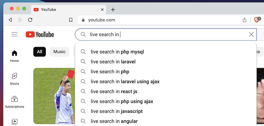 Searching using YouTube's live search functionality.