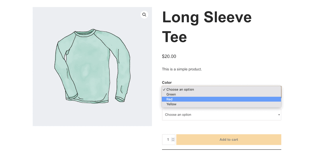 A WooCommerce product page showing custom drop-down fields for variants.
