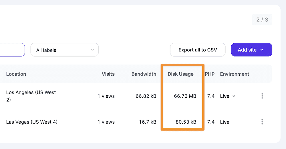 A site's disk usage showing within Kinsta.