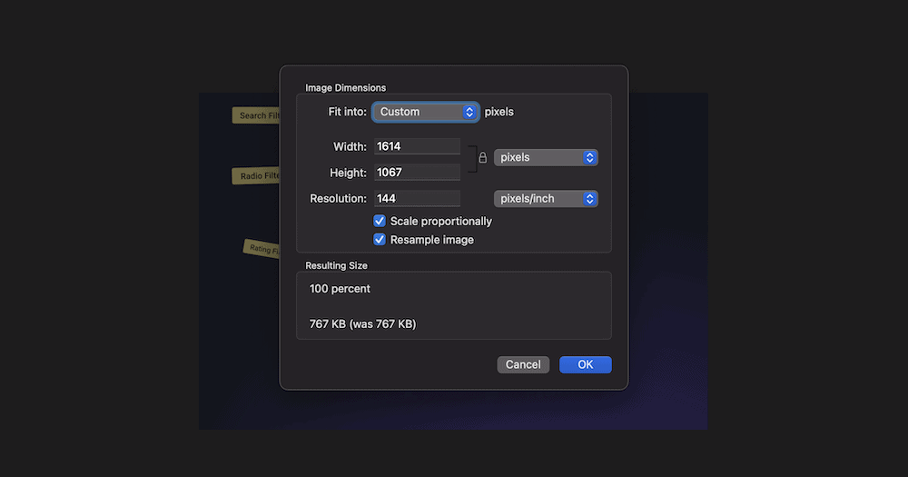 The Mac's Preview app showing how to reduce image dimensions.