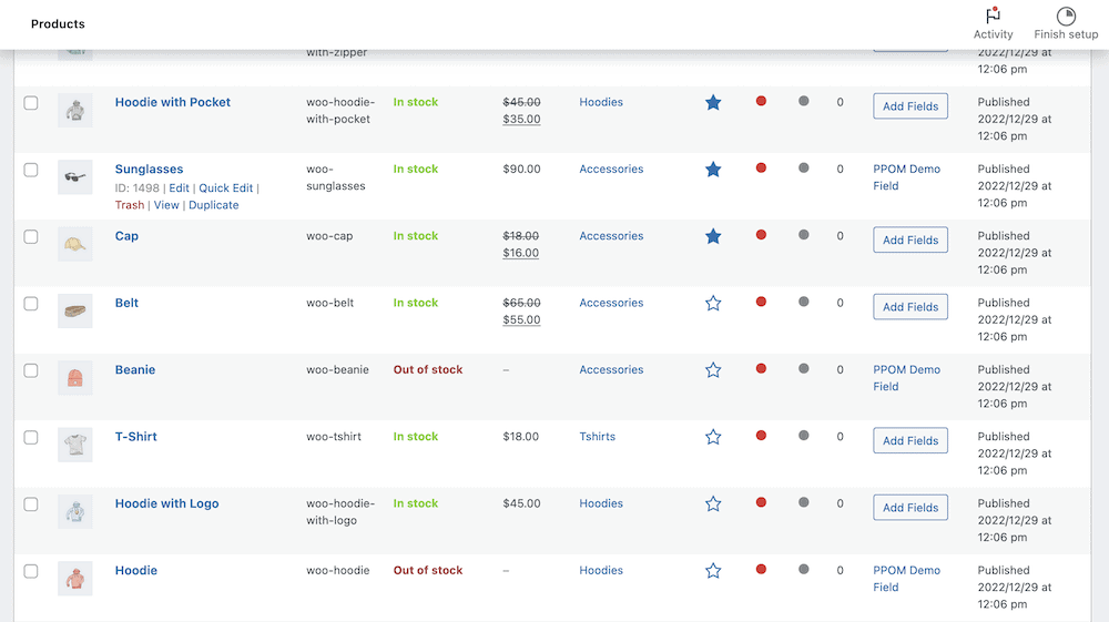The WooCommerce products list showing PPOM custom field attachments.