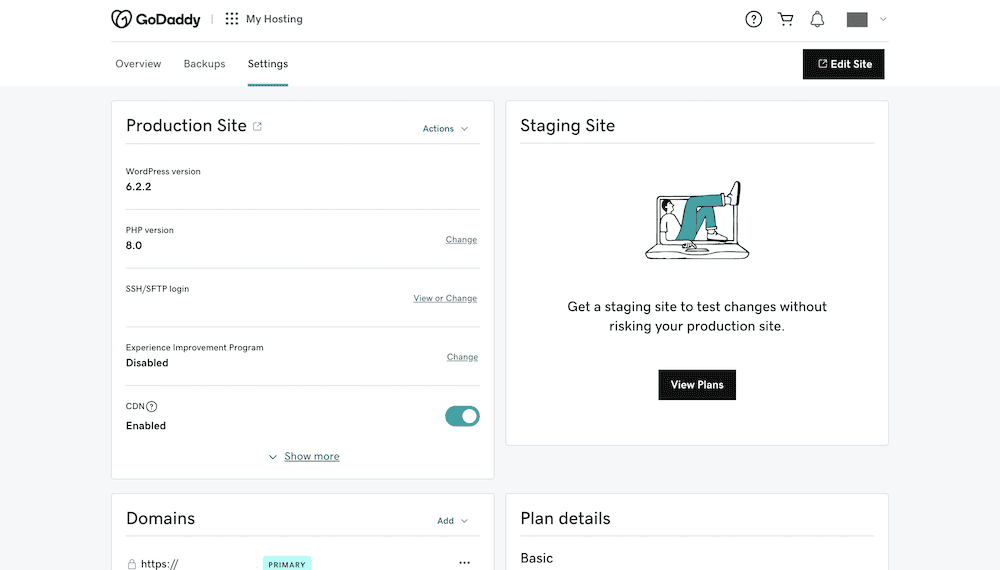 GoDaddy's site settings screen.