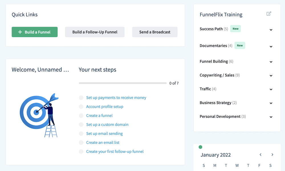 The ClickFunnels dashboard, showing a to-do list.