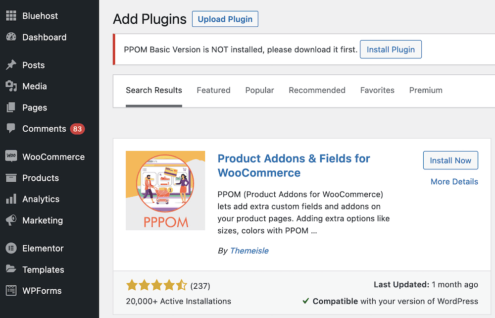 A warning dictating that a user needs to install the free version of PPOM.