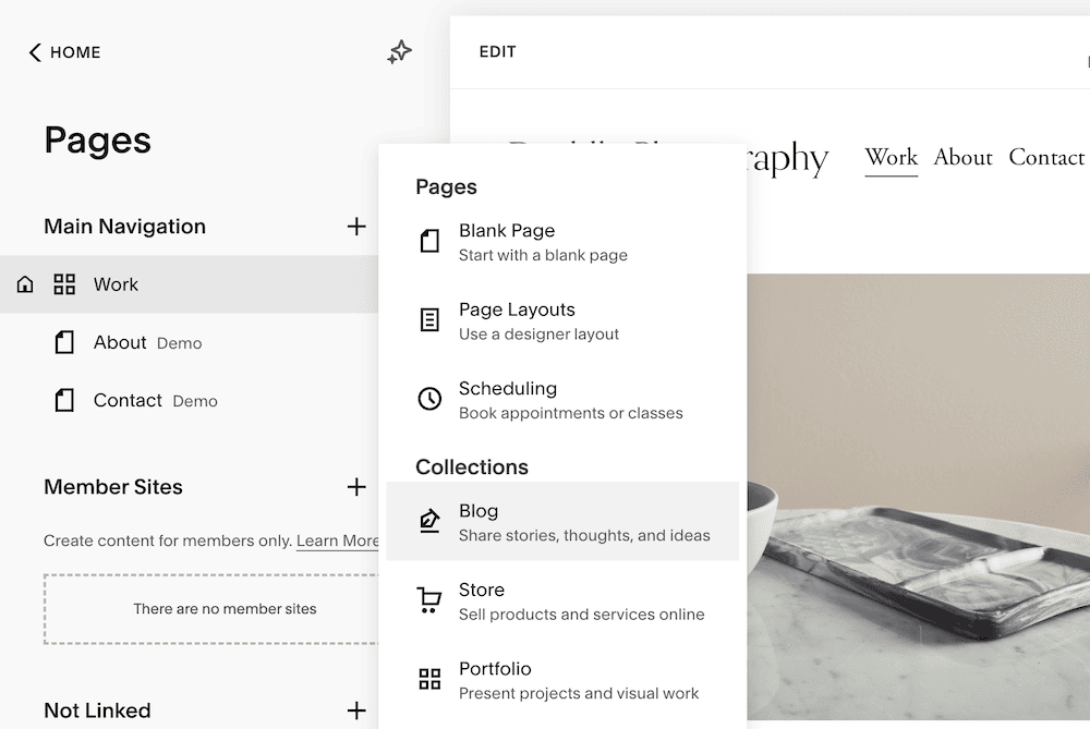 Choosing a Blog Collection page type within Squarespace.