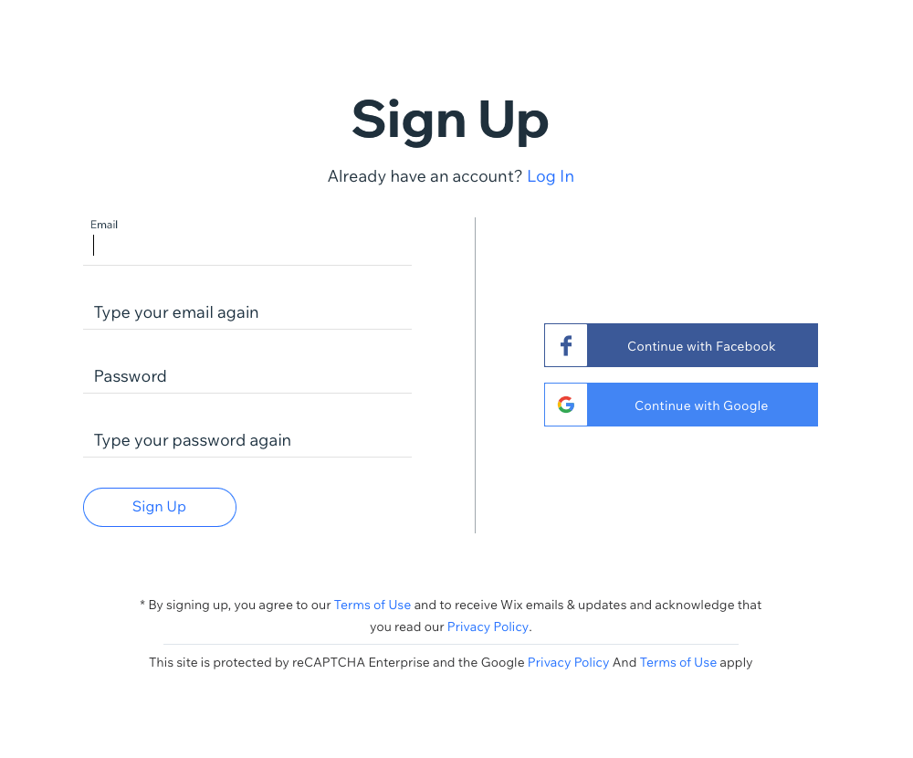The Wix sign up page to create account with social logins or email