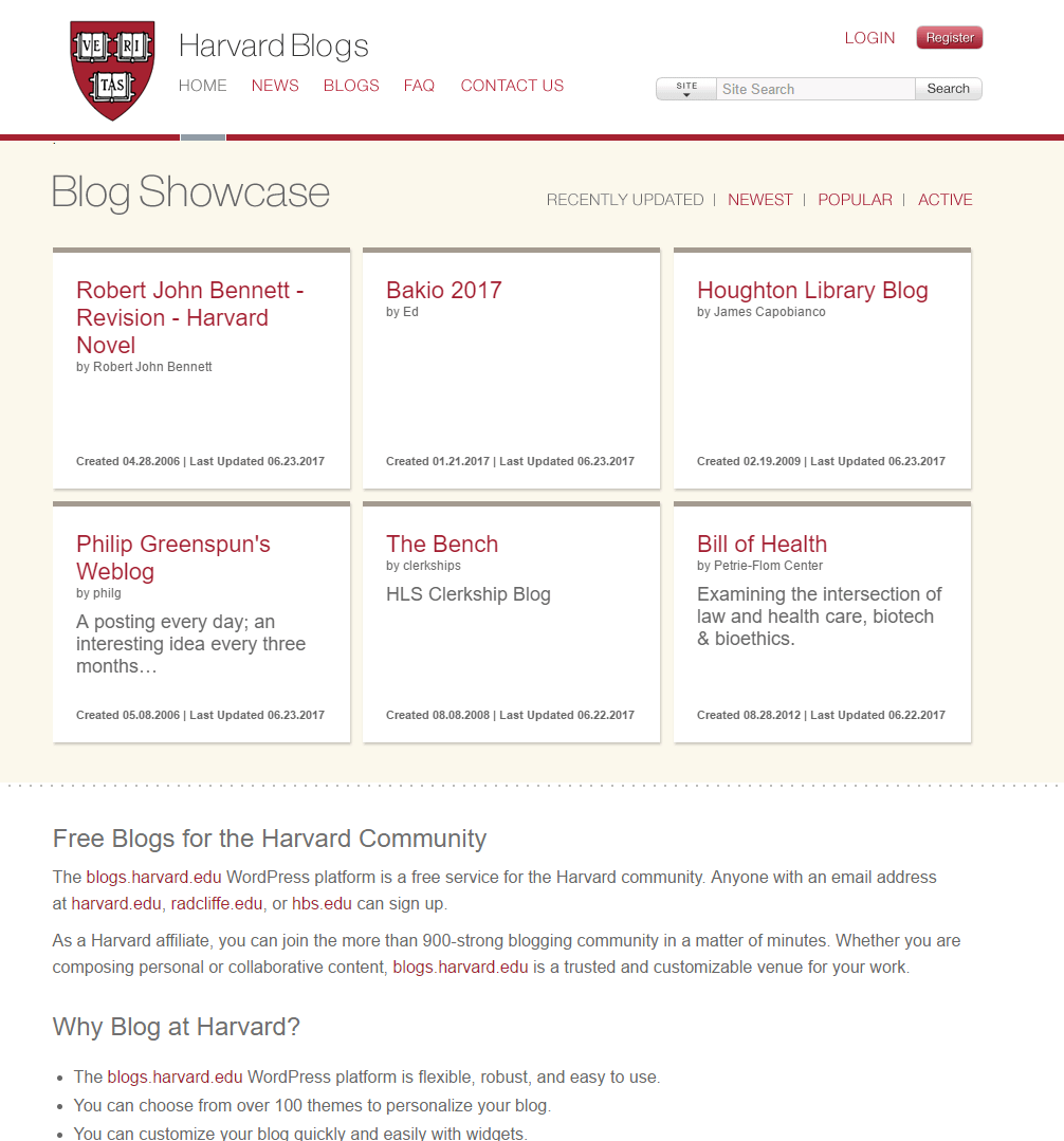 Harvard's front page for their blogs.