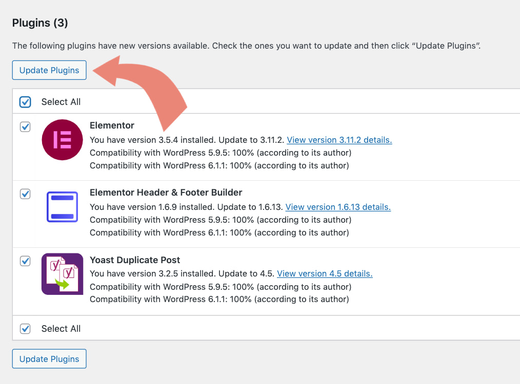 Update WordPress plugins via the WordPress dashboard.