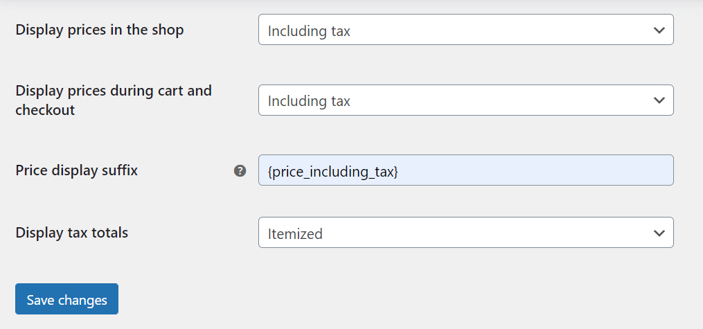 Configuring the display options in WooCommerce taxes