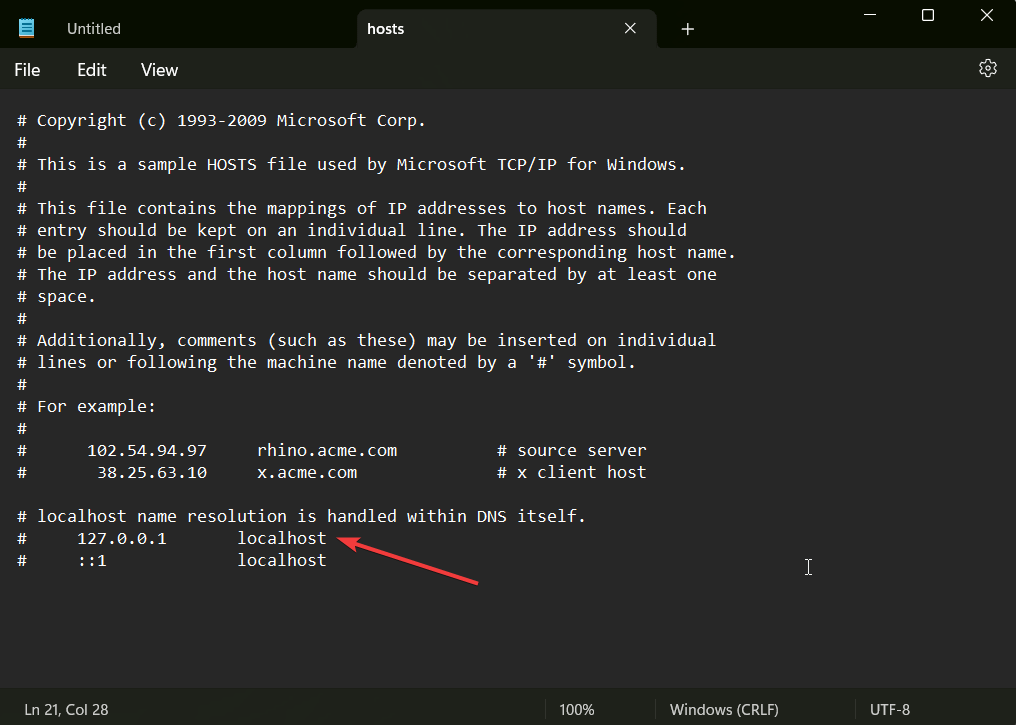 поиск localhost в файле hosts — исправление dns_probe_finished_nxdomain