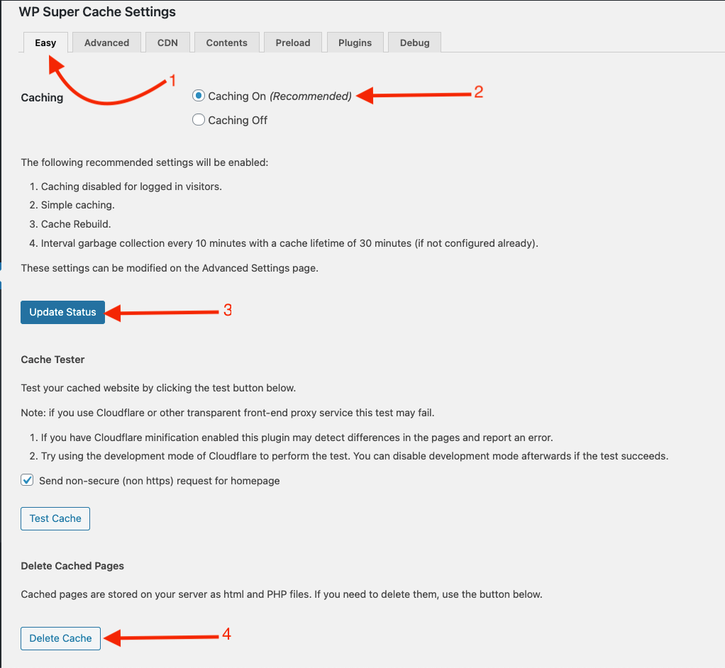 The WP SuperCache settings