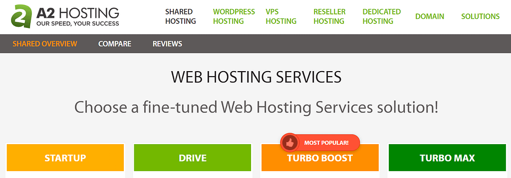 The A2 hosting homepage.