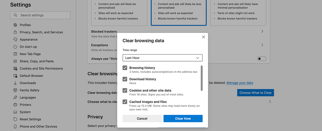 Microsoft Edge's time range settings.