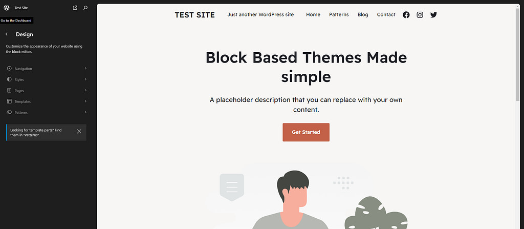 The first screen you see when you access the WordPress Full Site Editor using the Raft block theme.