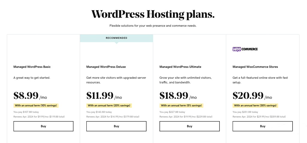 WordPress Hosting GoDaddy pricing plans