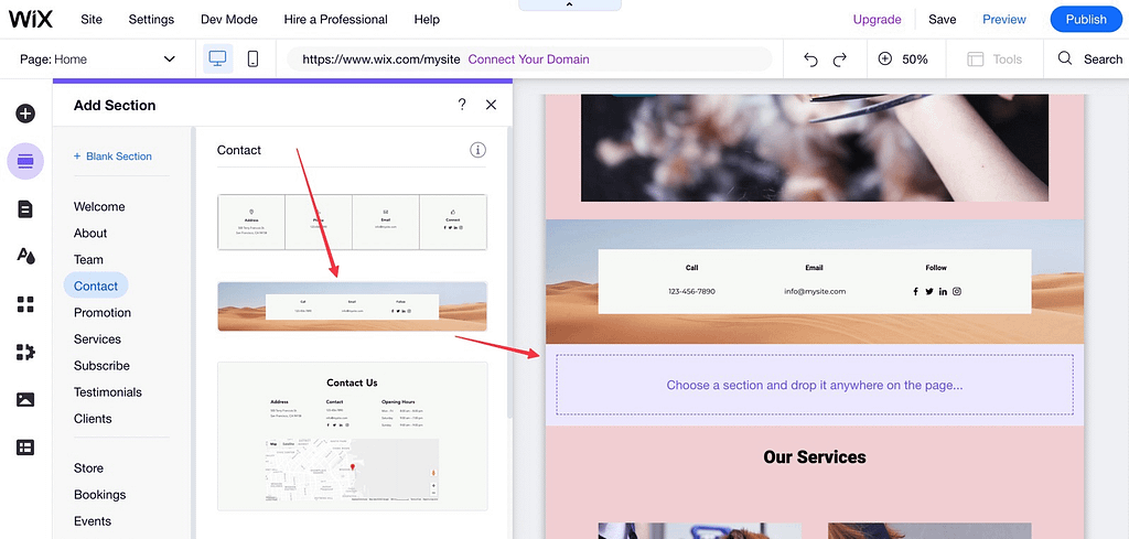 Click and drag any section while you make a Wix website