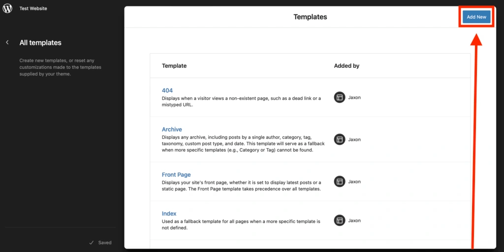 Browse templates or add a new template in the WordPress template editor