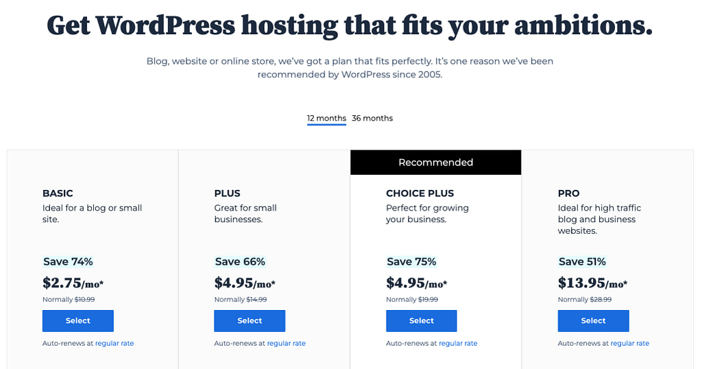 Планы ценообразования на хостинг WordPress Bluehost
