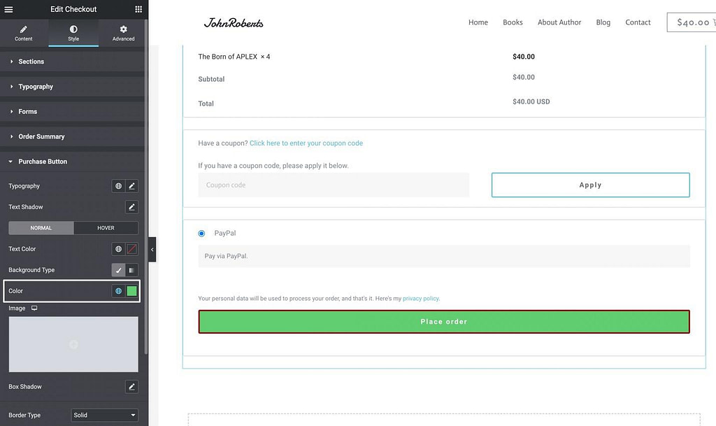 edit WooCommerce checkout to change it to green buy button