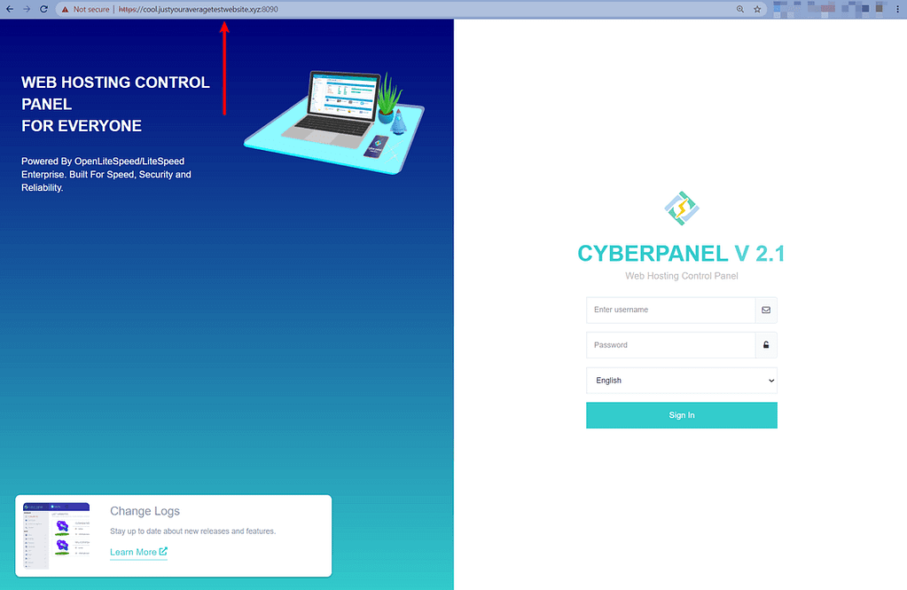 Экран входа в систему CyberPanel