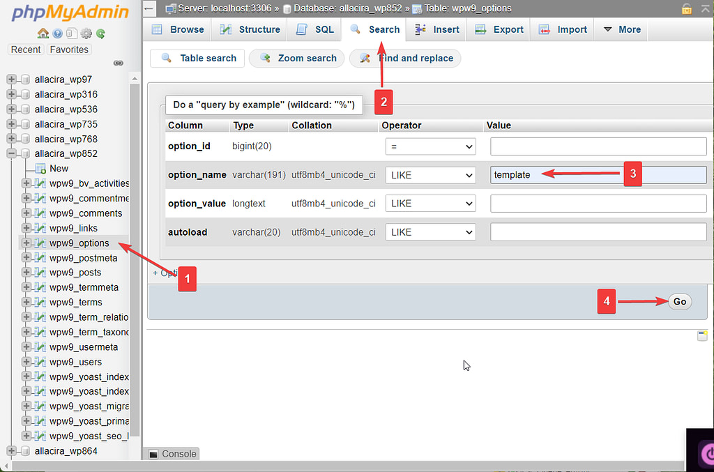 changing wordpress theme in phpmyadmin
