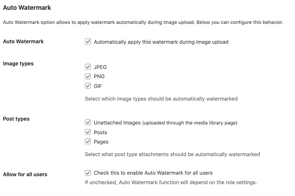 Selection which image types should be automatically watermarked - JPEG, PNG, and GIF.