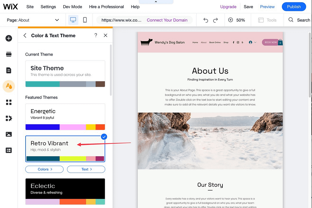 Previewing a color change in the Wix editor