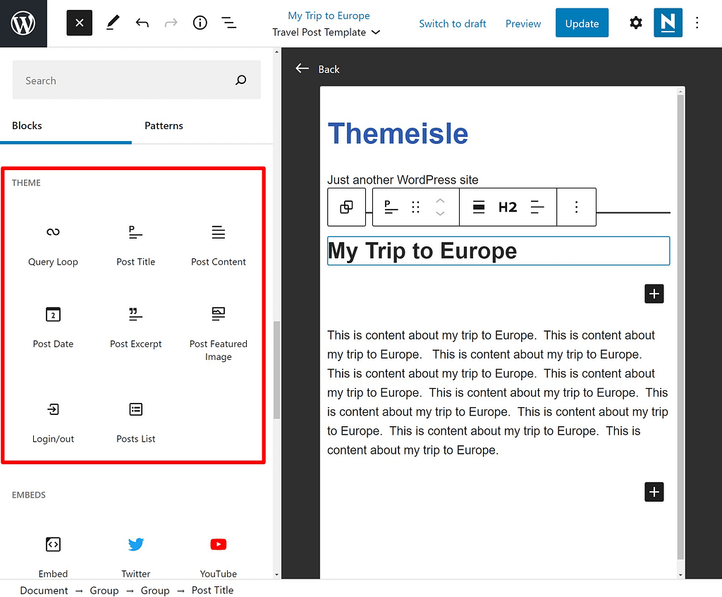 The theme blocks help you create custom post templates