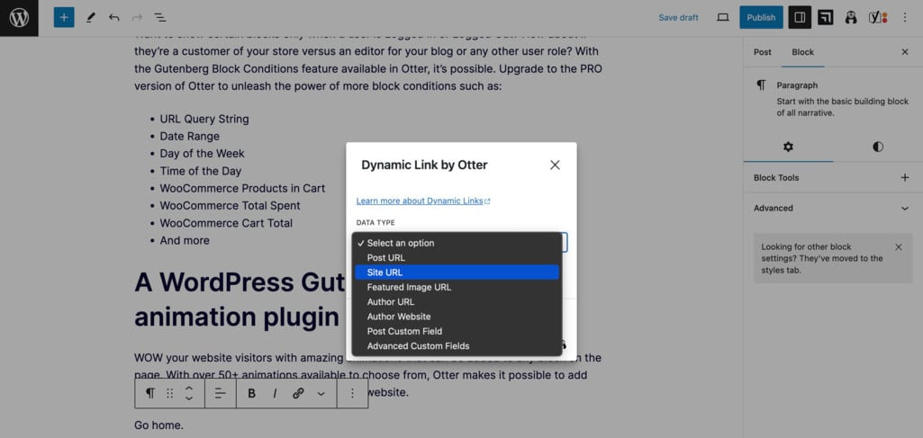 Dynamic link choices offered by the Otter Blocks plugin.