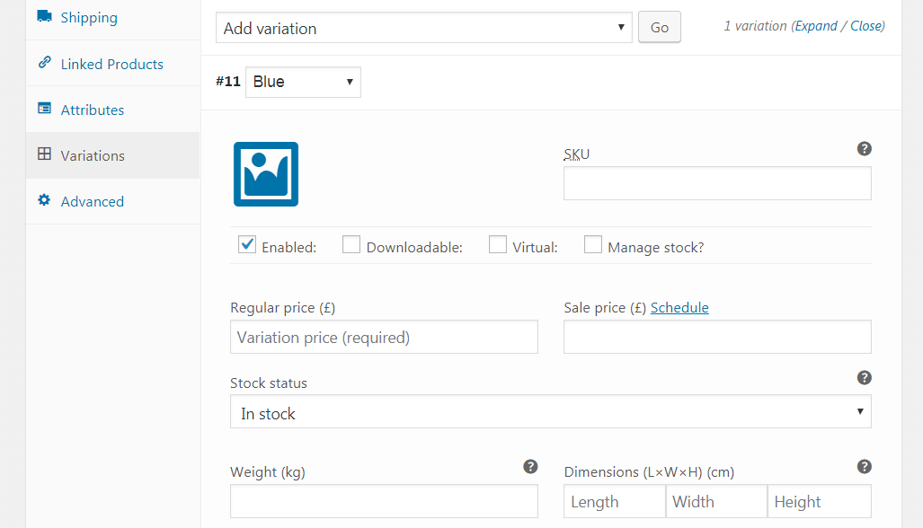 WooCommerce variation details.